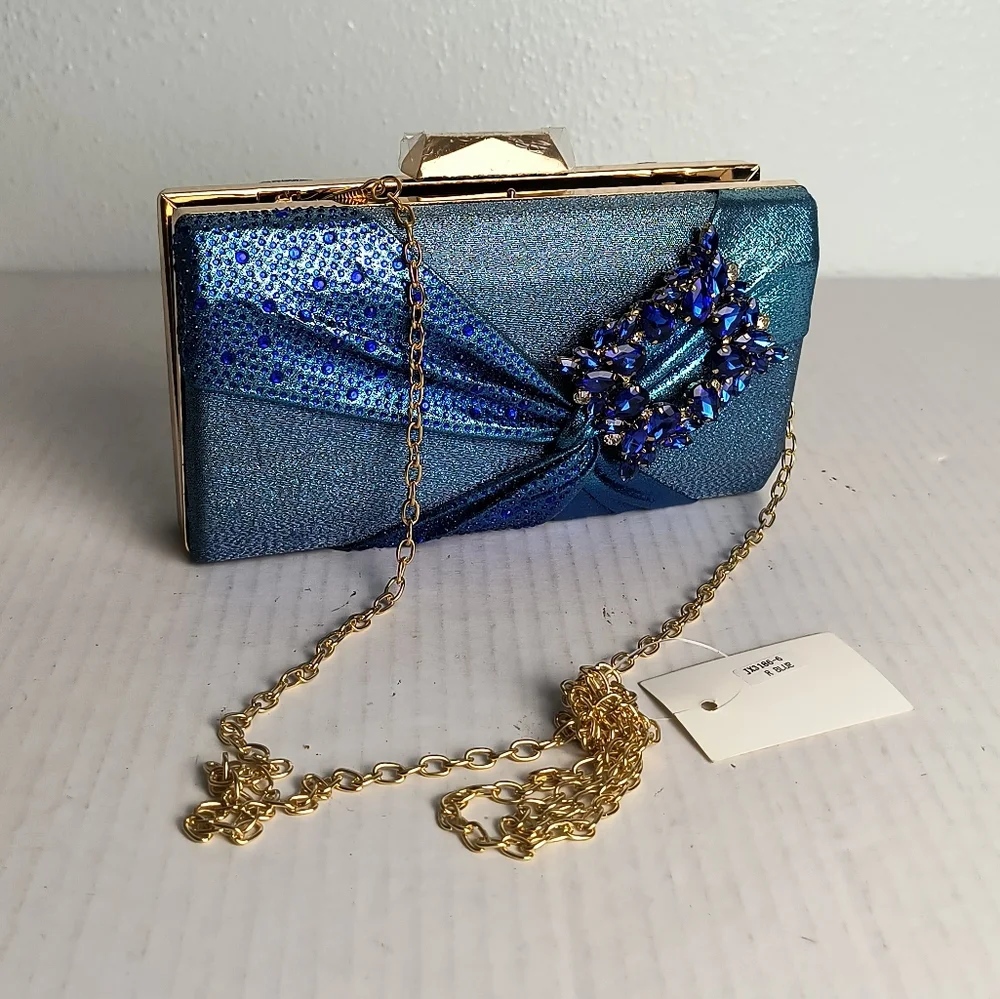 Exquisite Shimmer Multi Blue Satin Evening Clutch Bag Clasp Closure Metallic